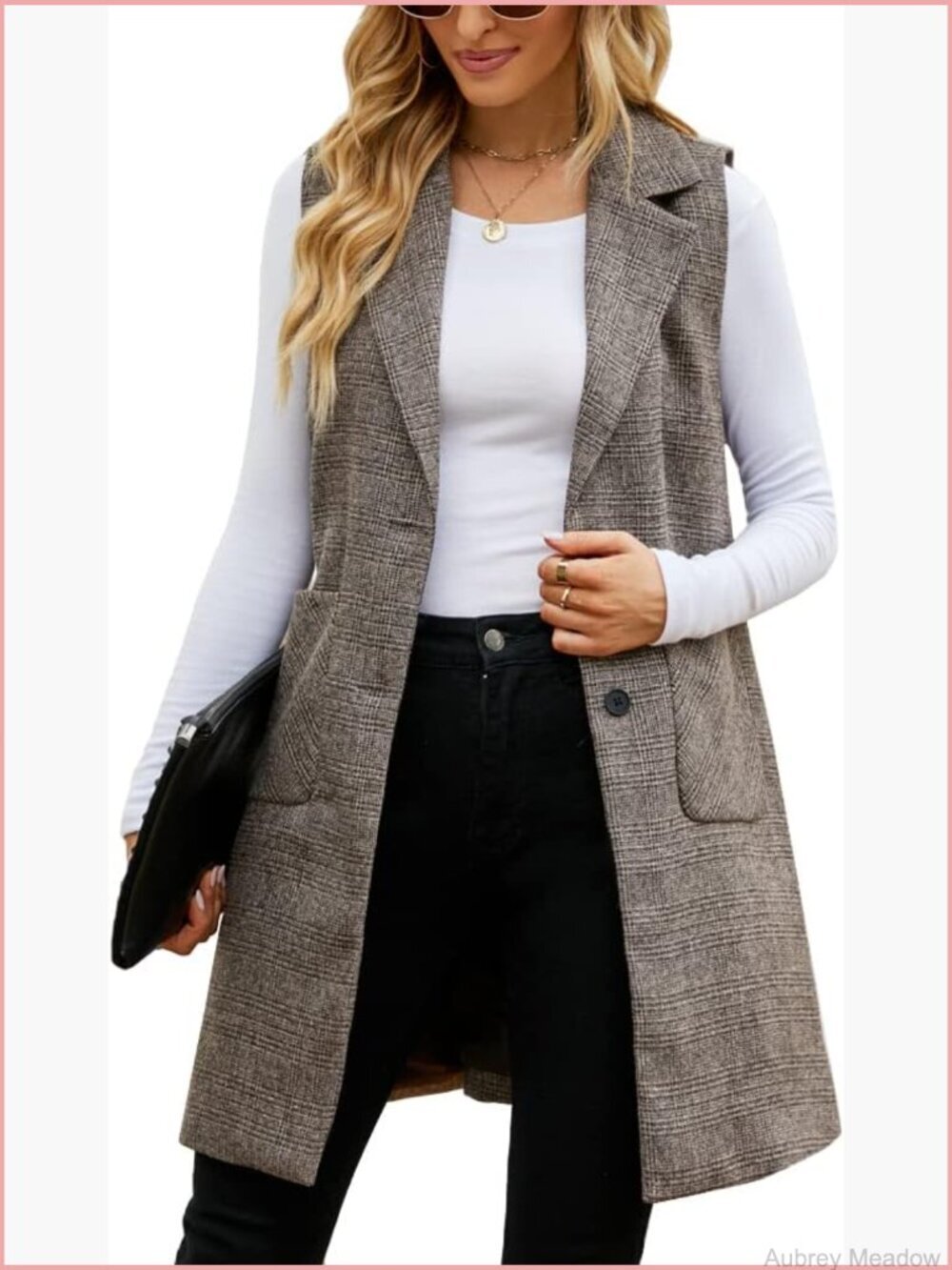 Sleeveless Tweed Vest Blazer Jacket Longline Outerwear with Pockets